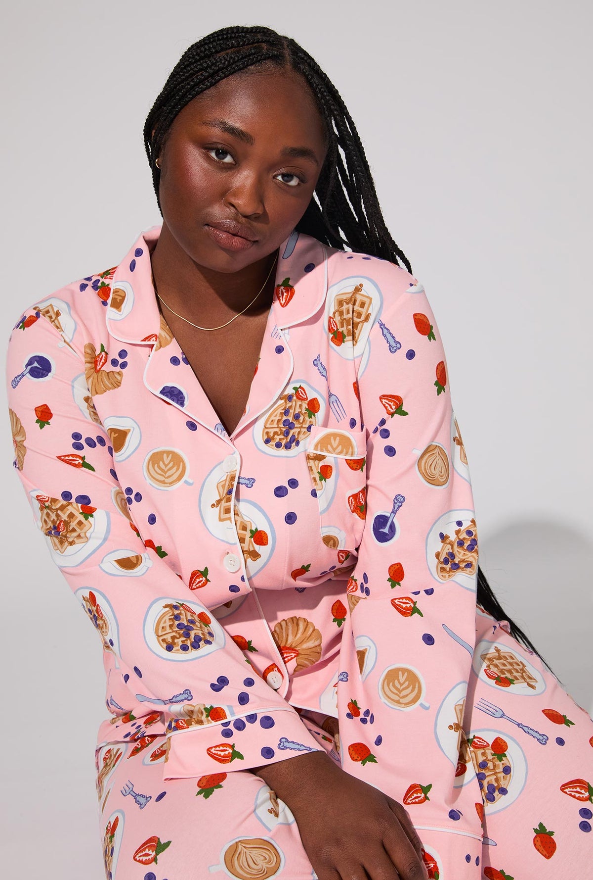 A lady wearing Waffle Brunch Long Sleeve Classic Stretch Jersey PJ Set