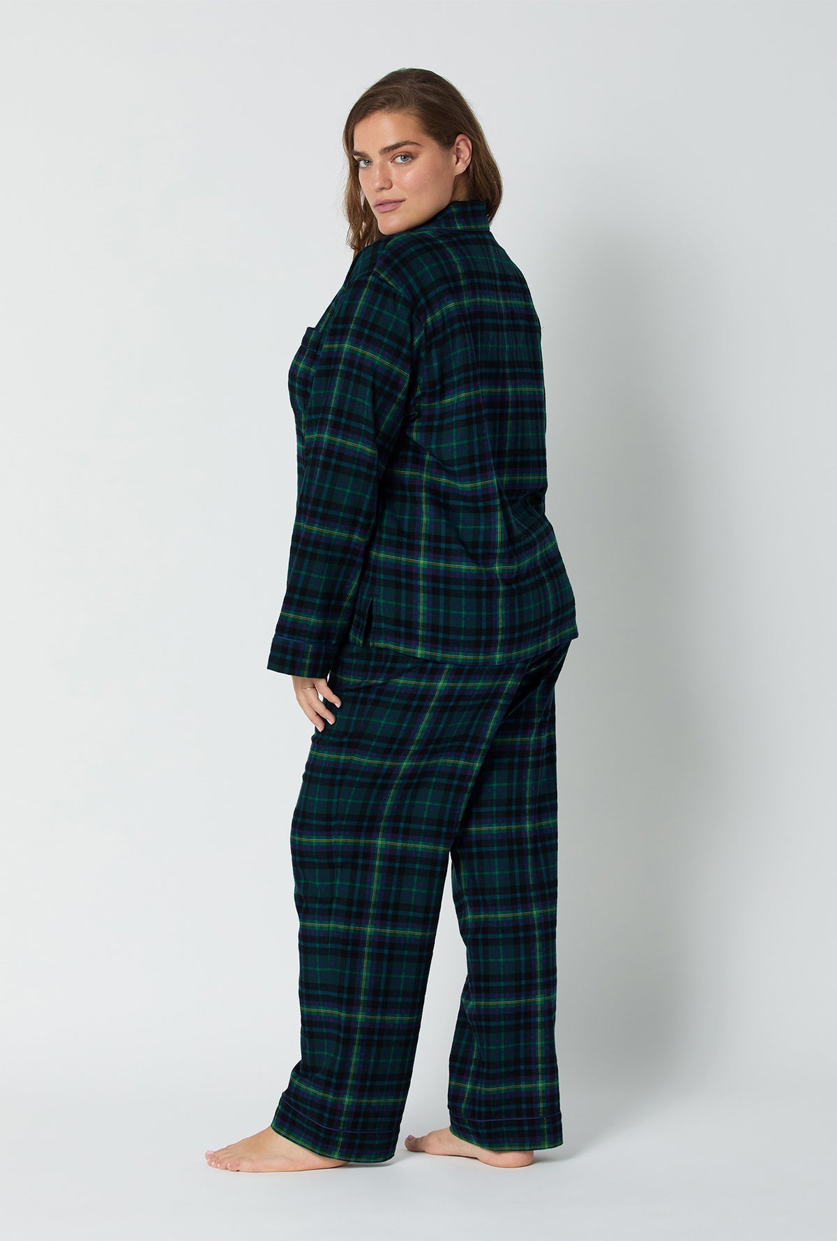 A lady wearing Walden Plaid Long Sleeve Classic Woven Portuguese Flannel PJ Set
