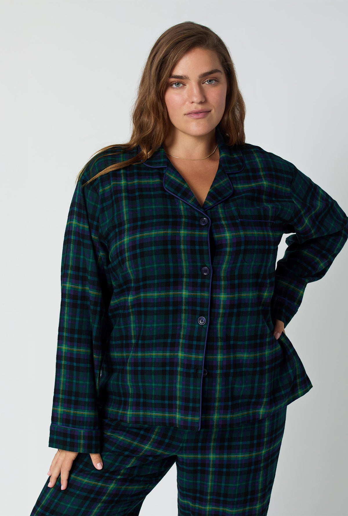 A lady wearing Walden Plaid Long Sleeve Classic Woven Portuguese Flannel PJ Set
