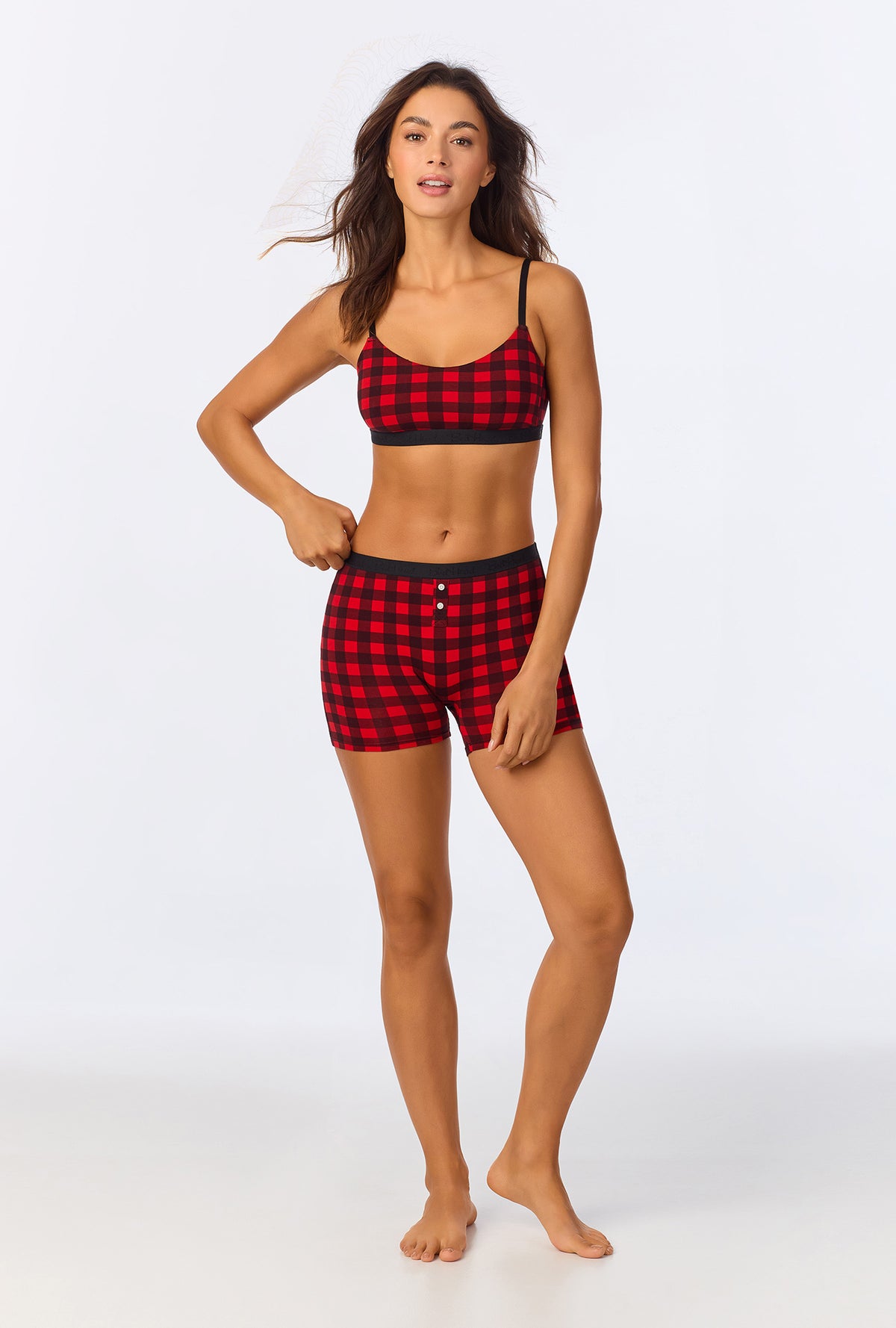 A lady wearing Buffalo Plaid Stretch Jersey Bralette