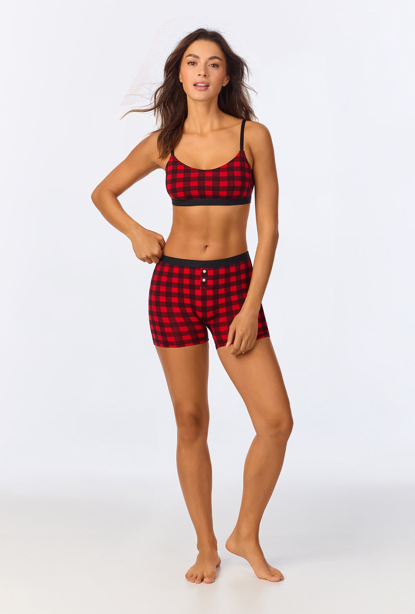 A lady wearing Buffalo Plaid Stretch Jersey Bralette