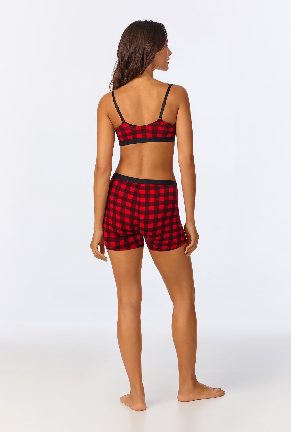 A lady wearing Buffalo Plaid Stretch Jersey Bralette
