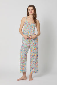 A lady wearing Multi-Color and  Pink Cami Woven Cotton Poplin Cropped Pj Set front view