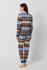A lady wearing Rifle Paper Co. x BedHead PJs Ski Chalet Long Sleeve Pullover Crew And Jogger Stretch Jersey Pj Set back view