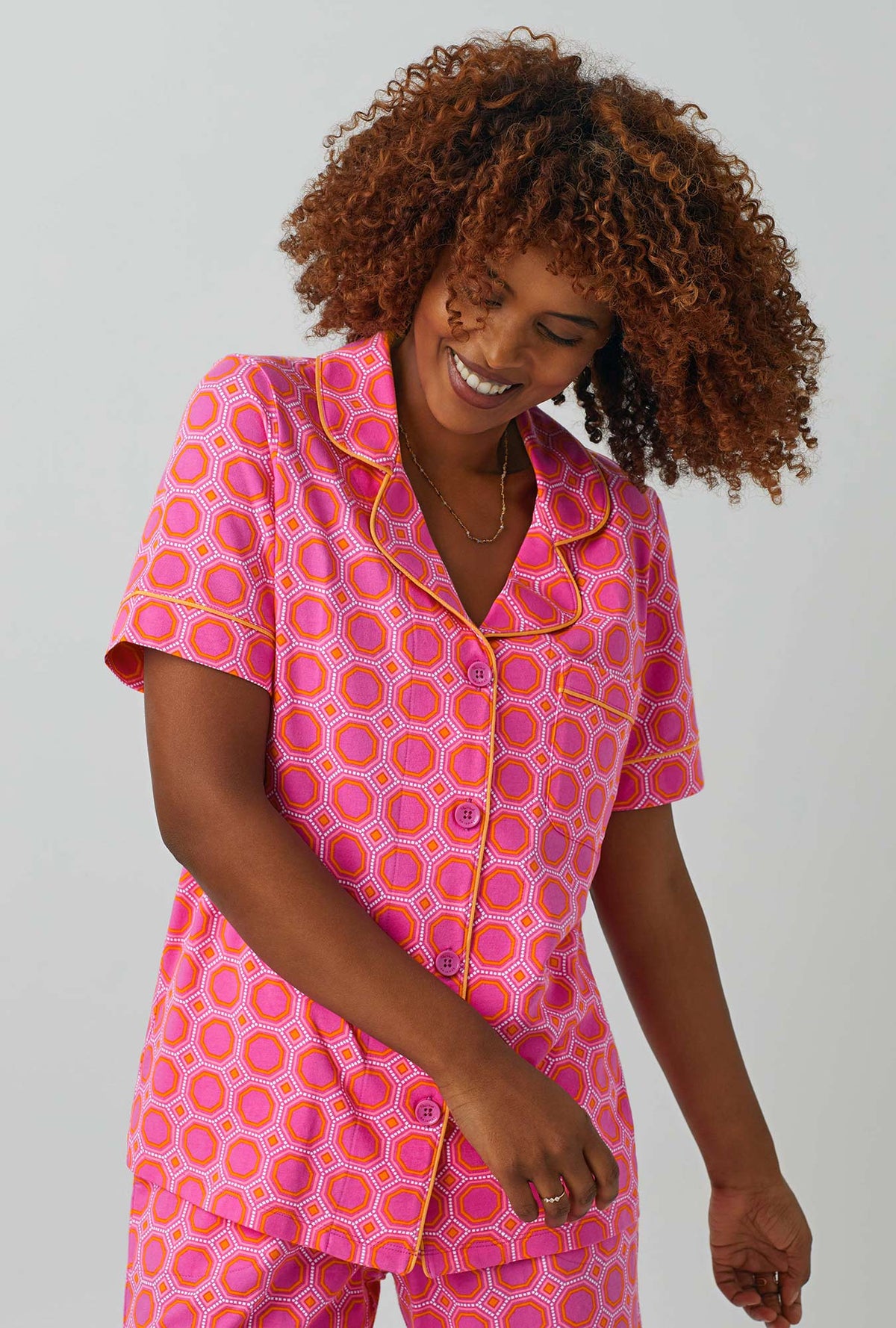 A lady wearing Short Sleeve Classic Stretch Jersey Cropped PJ Set with geo hex print
