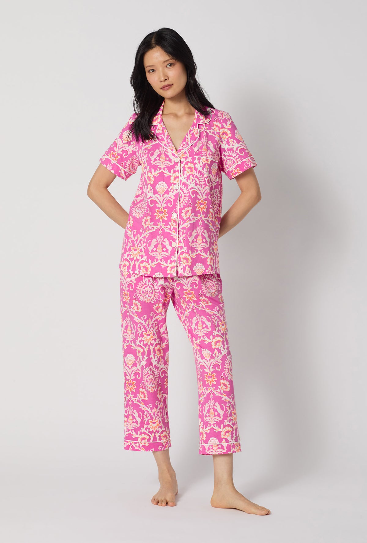 A Lady Wearing Luxe Leopard Short Sleeve Classic Stretch Jersey Cropped Pj Set