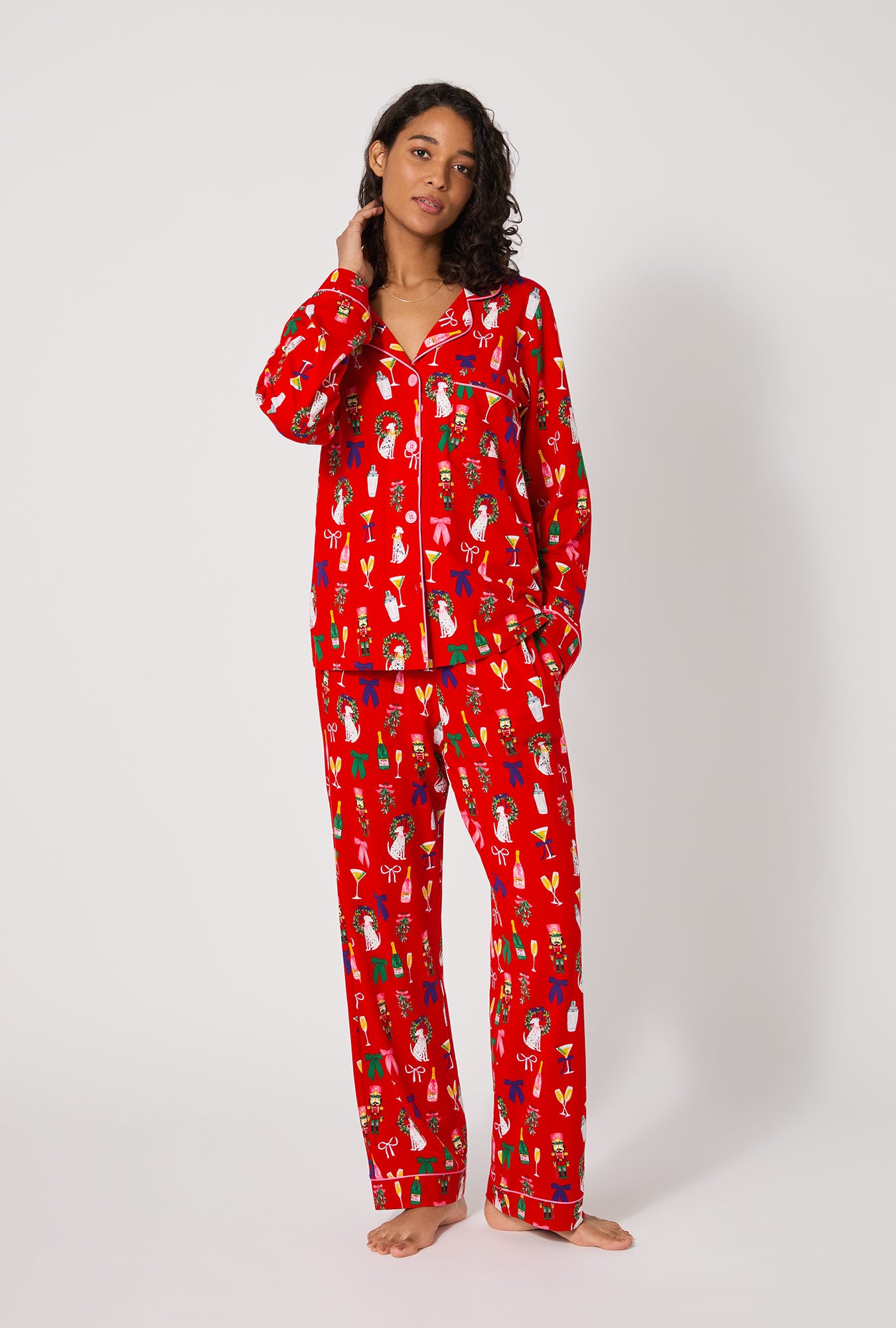 A lady wearing Festive Nutcracker Long Sleeve Classic Stretch Jersey Pj Set