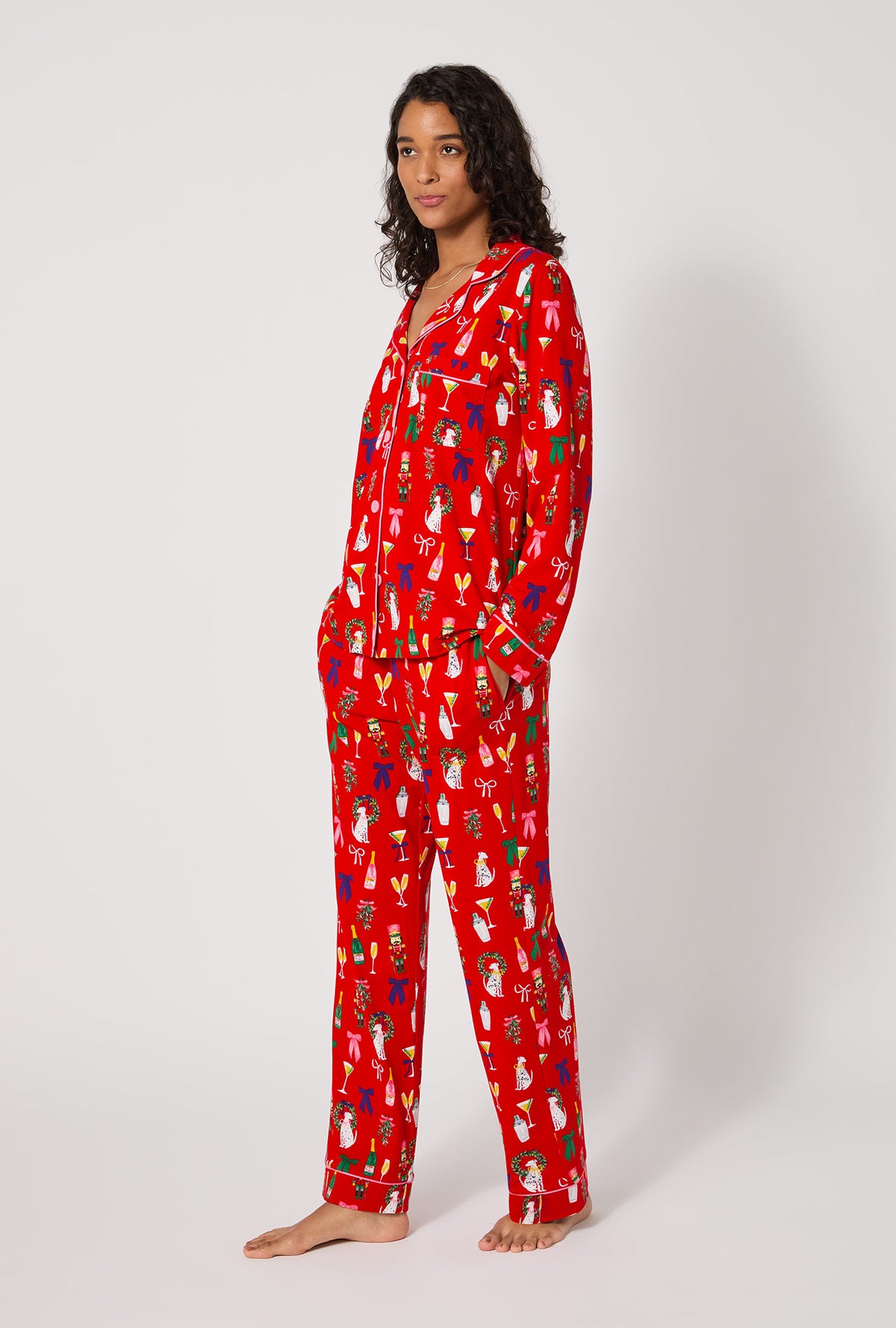 A lady wearing Festive Nutcracker Long Sleeve Classic Stretch Jersey Pj Set