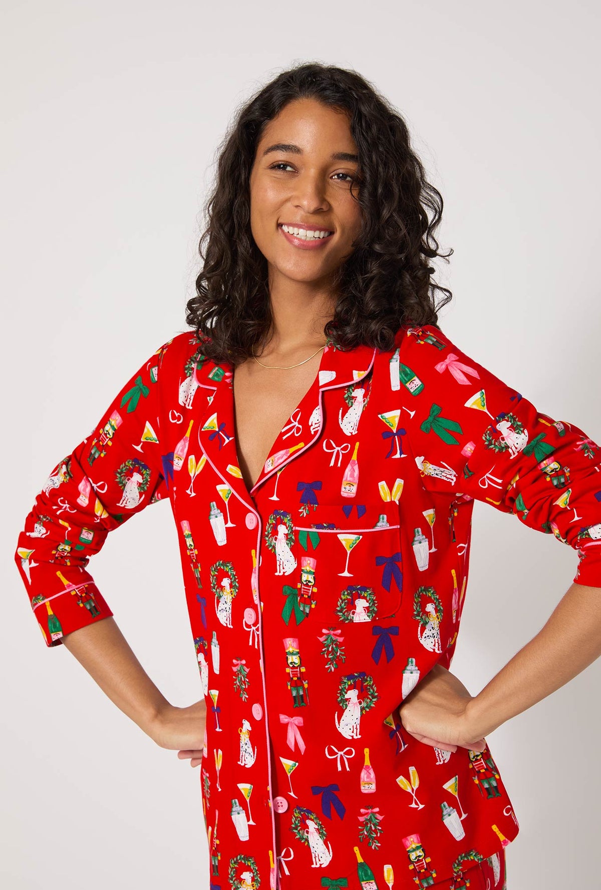 A lady wearing Festive Nutcracker Long Sleeve Classic Stretch Jersey Pj Set