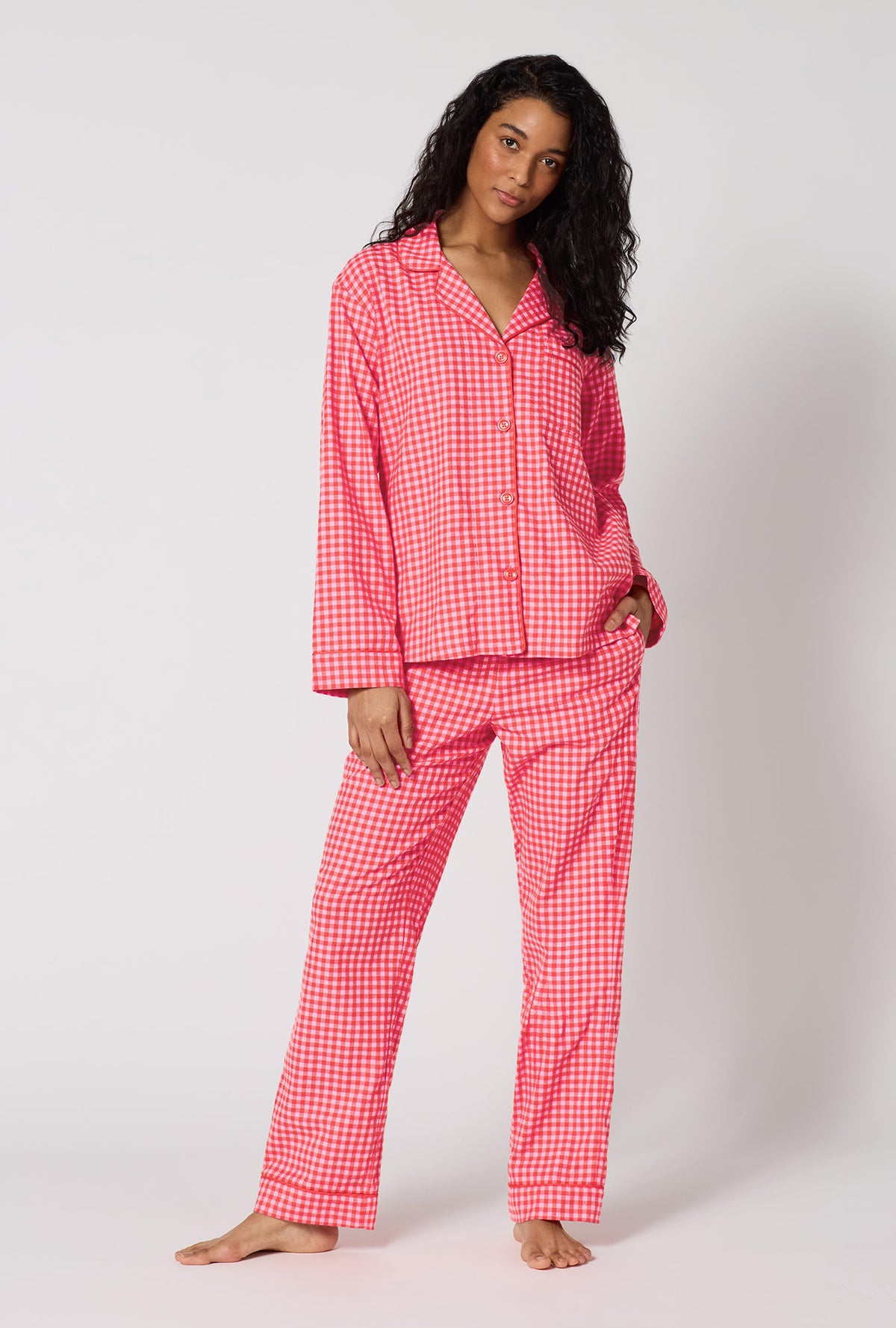 A lady wearing Jane Gingham Long Sleeve Classic Woven Portuguese Flannel Pj Set