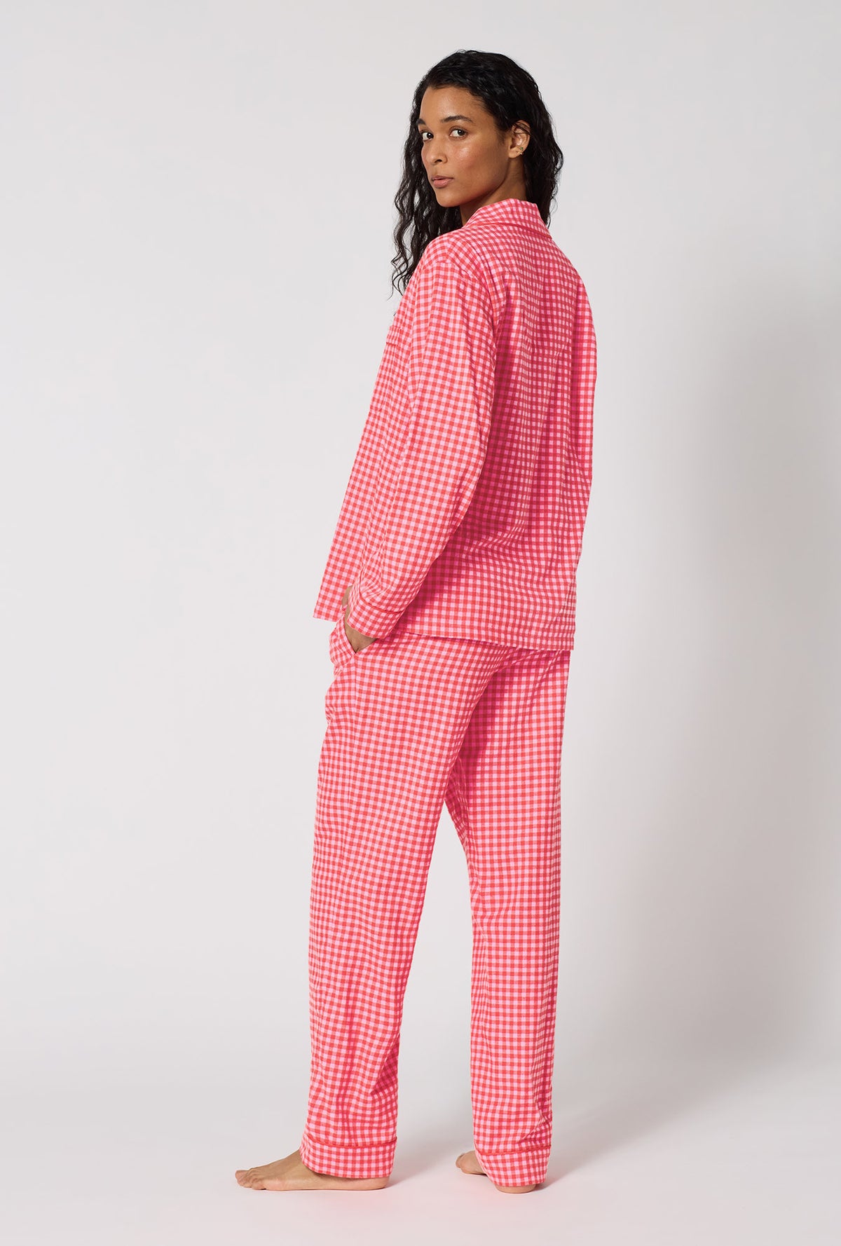 A lady wearing Jane Gingham Long Sleeve Classic Woven Portuguese Flannel Pj Set back view