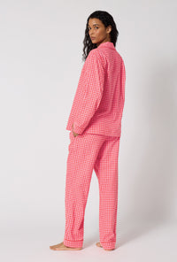A lady wearing Jane Gingham Long Sleeve Classic Woven Portuguese Flannel Pj Set back view