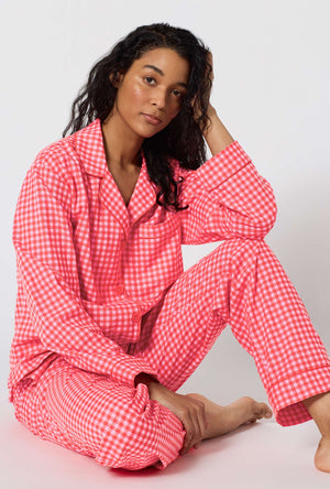 A lady wearing Jane Gingham Long Sleeve Classic Woven Portuguese Flannel Pj Set sitting down