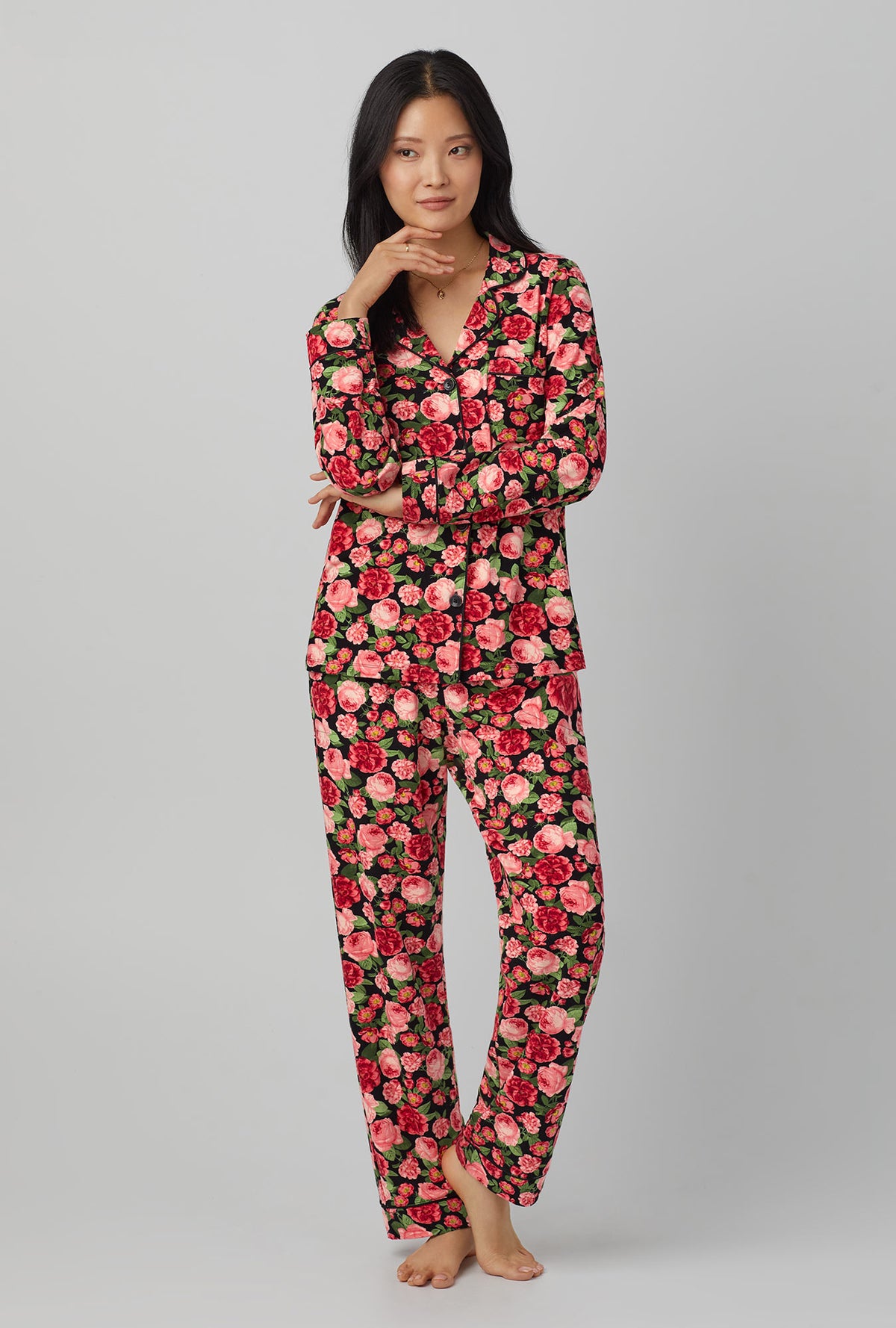 A lady wearing  Long Sleeve Classic Stretch Jersey PJ Set with Roses are Red print