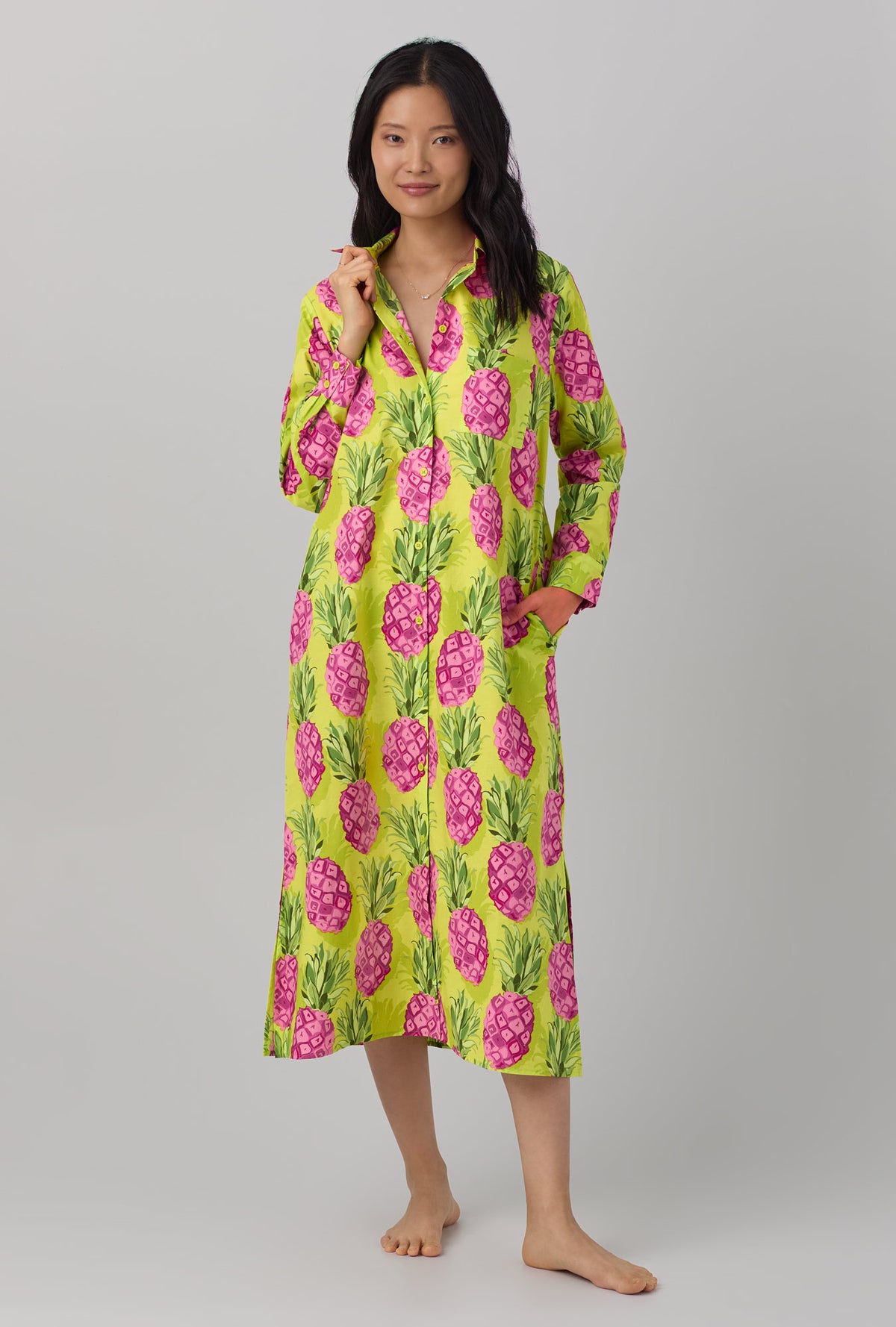BedHead x Trina Turk Kiwi Pineapple Women&#39;s Long Sleeve Woven Cotton Poplin  Maxi Shirt