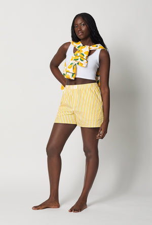 A lady wearing Yellow Cotton Sateen Boxer Short side view