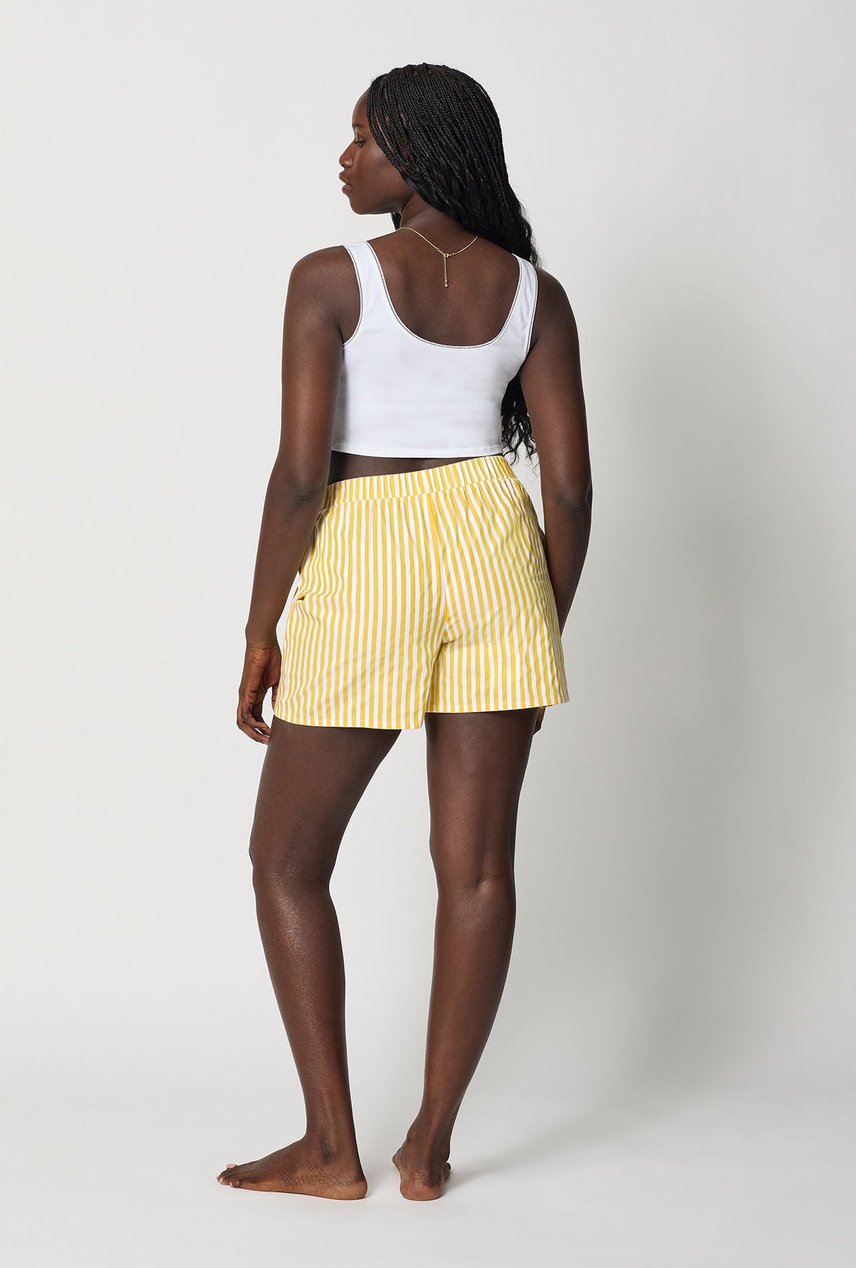 A lady wearing Yellow Cotton Sateen Boxer Short back view