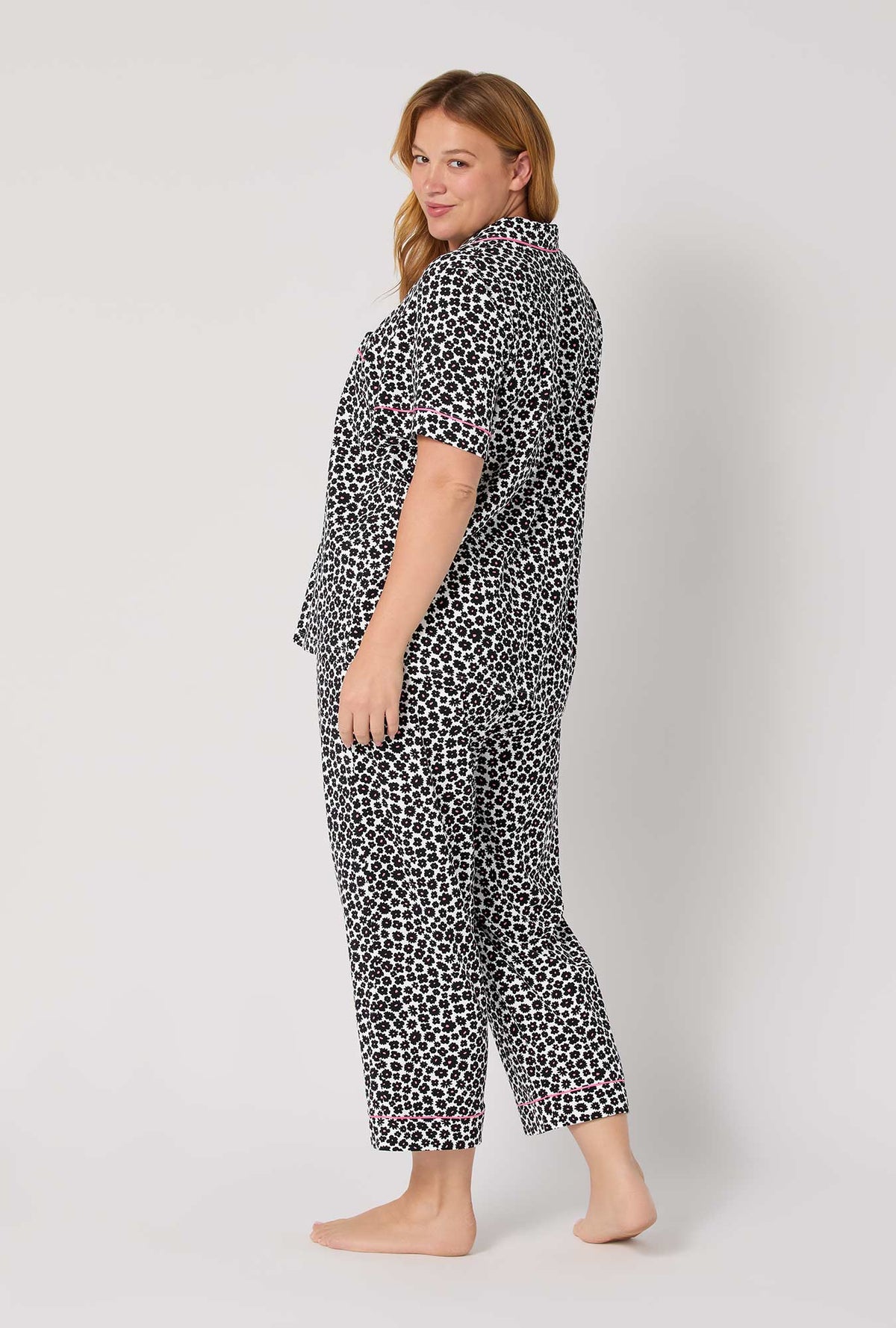 A lady wearing Viola Short Sleeve Classic Stretch Jersey Cropped Pj Set