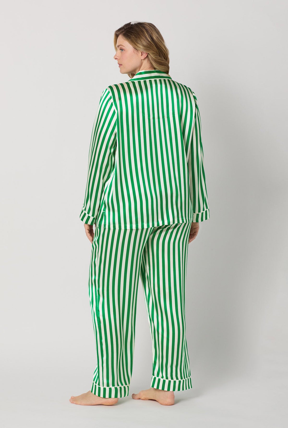 A lady wearing plus size Green and  White Long Sleeve Classic Washable Silk Pj Set back view