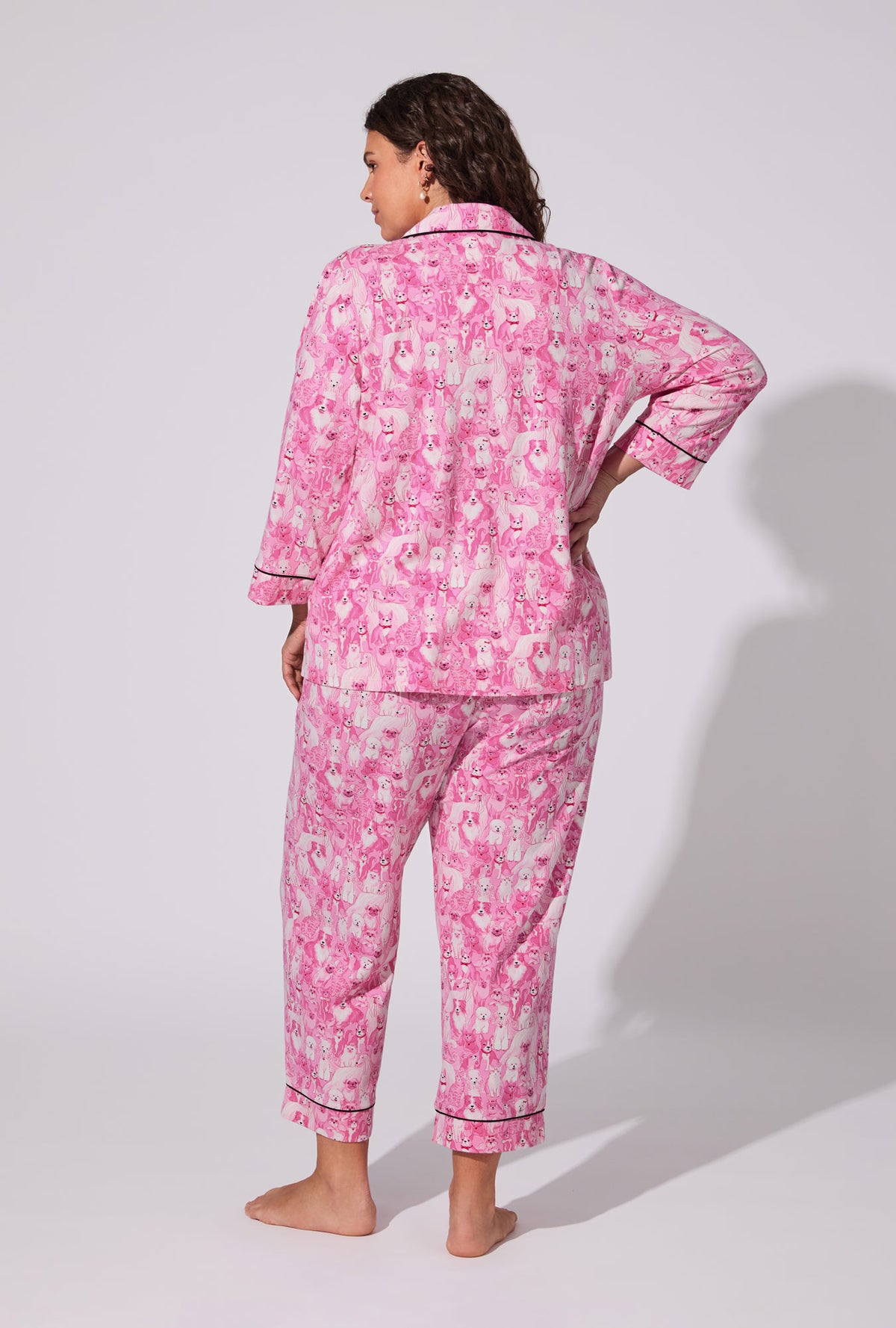 A lady wearing Paw-fectly Pink 3/4 Sleeve Classic Stretch Jersey Cropped PJ Set