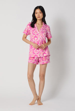 A Lady Wearing Luxe Leopard Short Sleeve Classic Shorty Stretch Jersey Pj Set