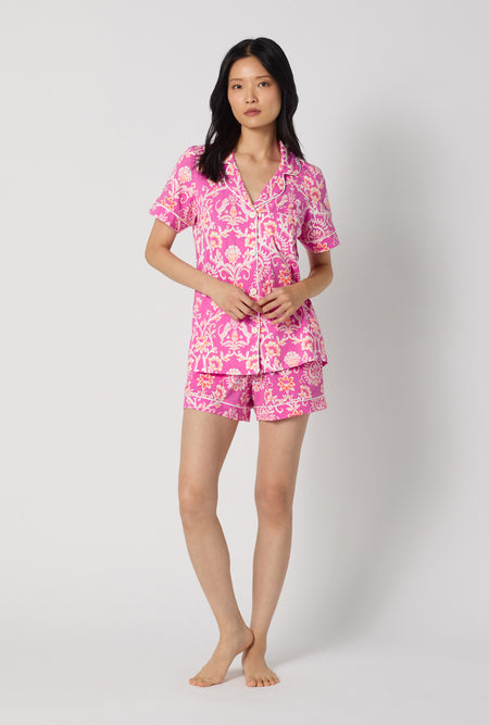 A Lady Wearing Luxe Leopard Short Sleeve Classic Shorty Stretch Jersey Pj Set