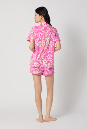 A Lady Wearing Luxe Leopard Short Sleeve Classic Shorty Stretch Jersey Pj Set showing back view