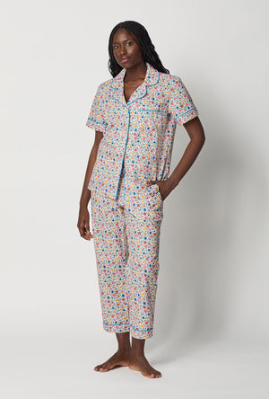 A lady wearing Multi-Color and  Pink Short Sleeve Classic Woven Cotton Poplin Cropped Pj Set side view
