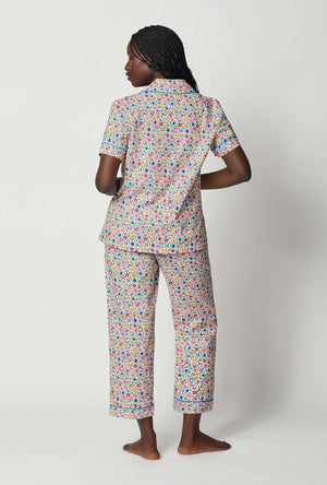 A lady wearing Multi-Color and  Pink Short Sleeve Classic Woven Cotton Poplin Cropped Pj Set back view