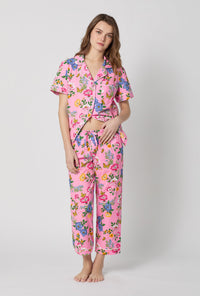 A lady wearing Pink Short Sleeve Classic Woven Cotton Poplin Cropped Pj Set front view