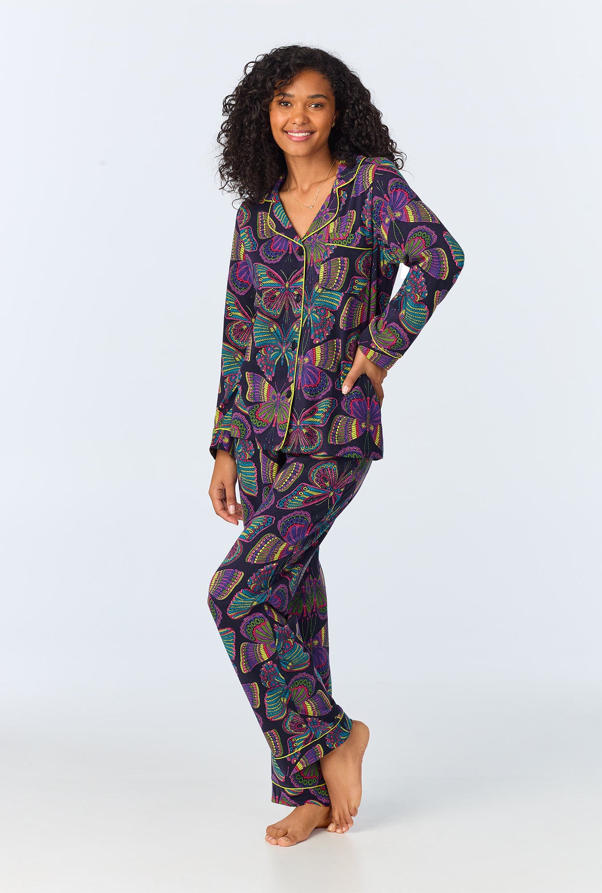 A lady wearing Butterfly Long Sleeve Classic Stretch Jersey PJ Set