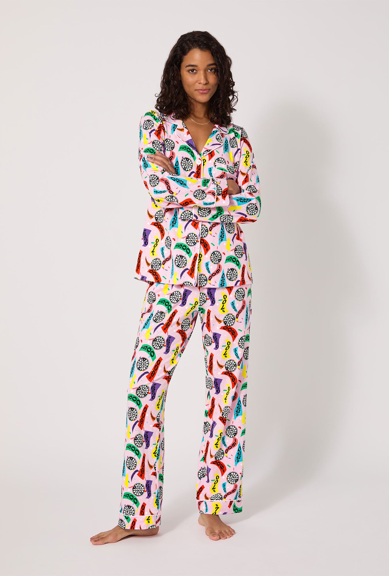 A lady wearing Spin To Win Long Sleeve Classic Stretch Jersey Pj Set