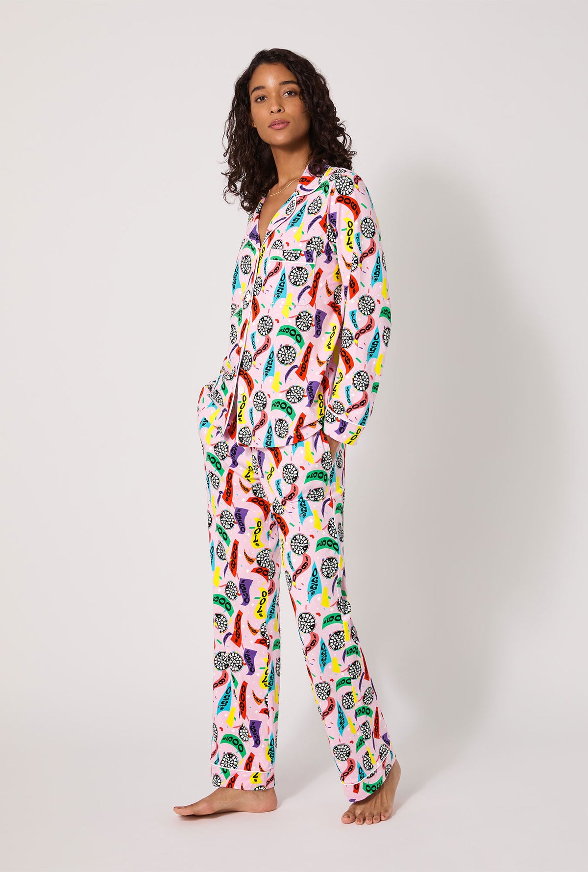A lady wearing Spin To Win Long Sleeve Classic Stretch Jersey Pj Set