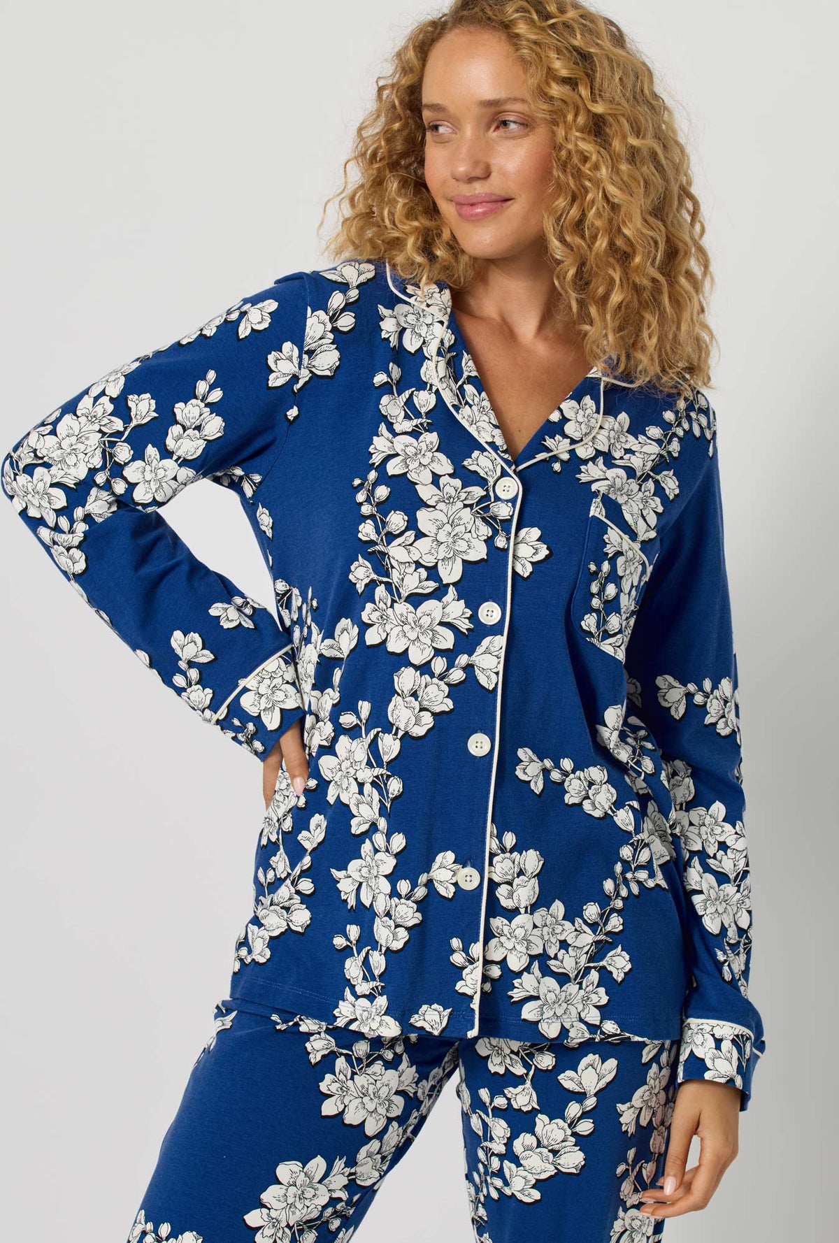 Navy Shadow Blossom Long Sleeve Classic Stretch Jersey PJ Set