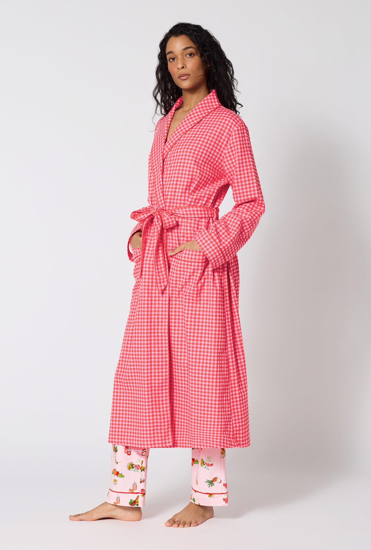 A lady wearing Jane Gingham Unisex Classic Woven Portuguese Flannel Robe De Chambre looking front