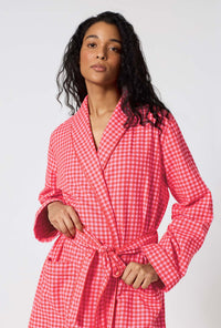 A lady wearing Jane Gingham Unisex Classic Woven Portuguese Flannel Robe De Chambre closer look