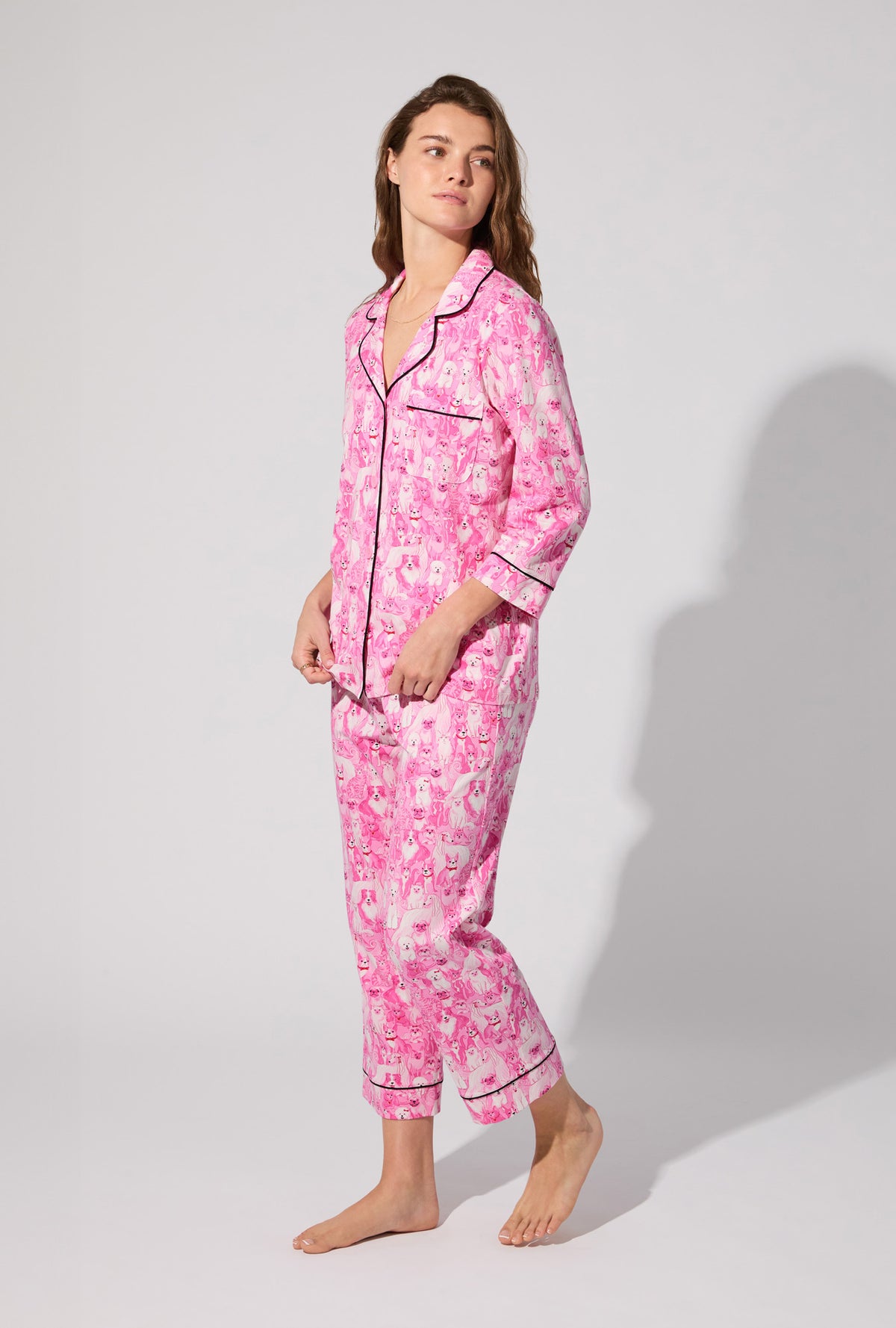 A lady wearing Paw-fectly Pink 3/4 Sleeve Classic Stretch Jersey Cropped PJ Set