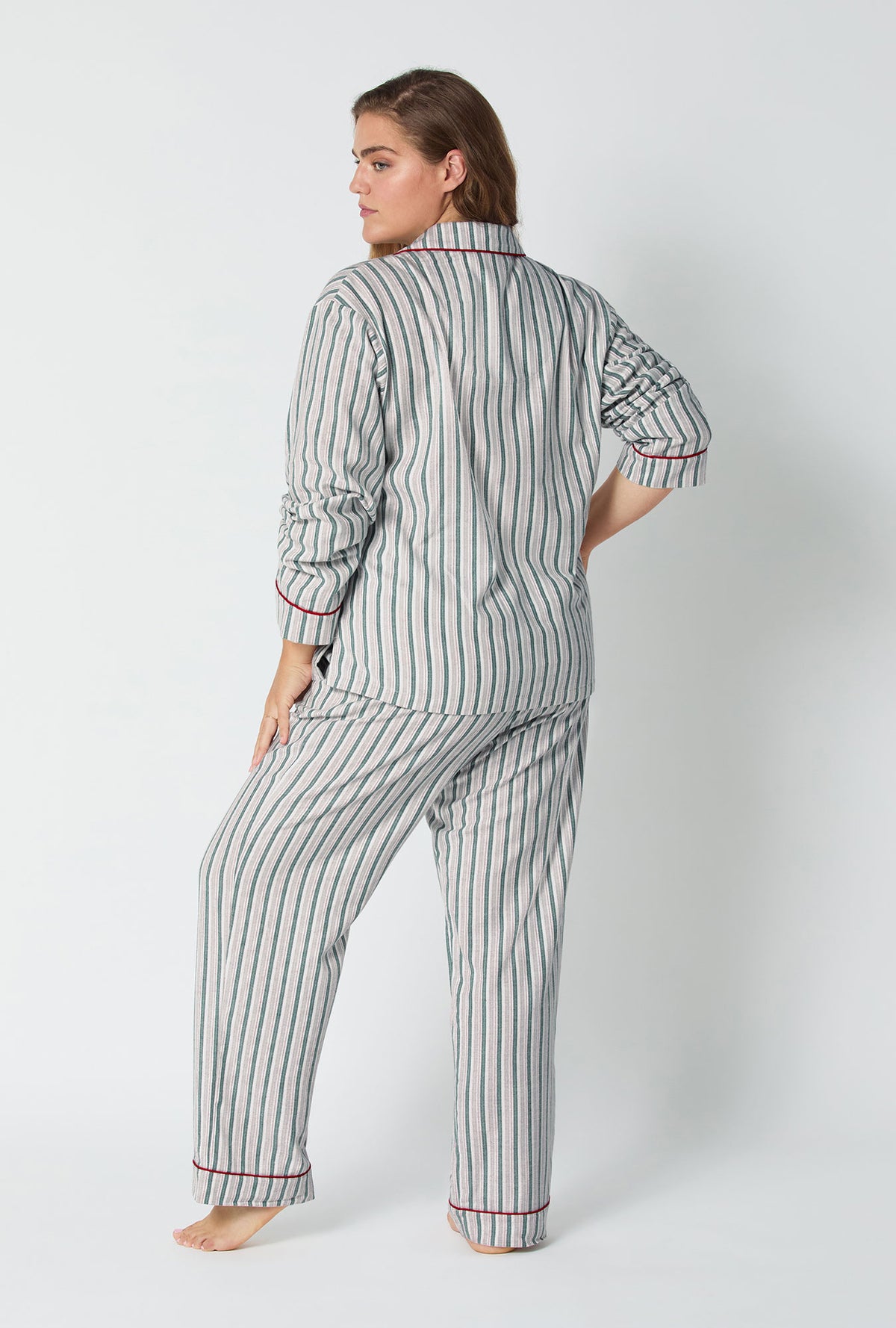 A lady wearing Peppermint Stripe Long Sleeve Classic Woven Portuguese Flannel PJ Set
