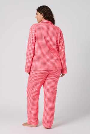 A lady wearing plus size Jane Gingham Long Sleeve Classic Woven Portuguese Flannel Pj Set back view