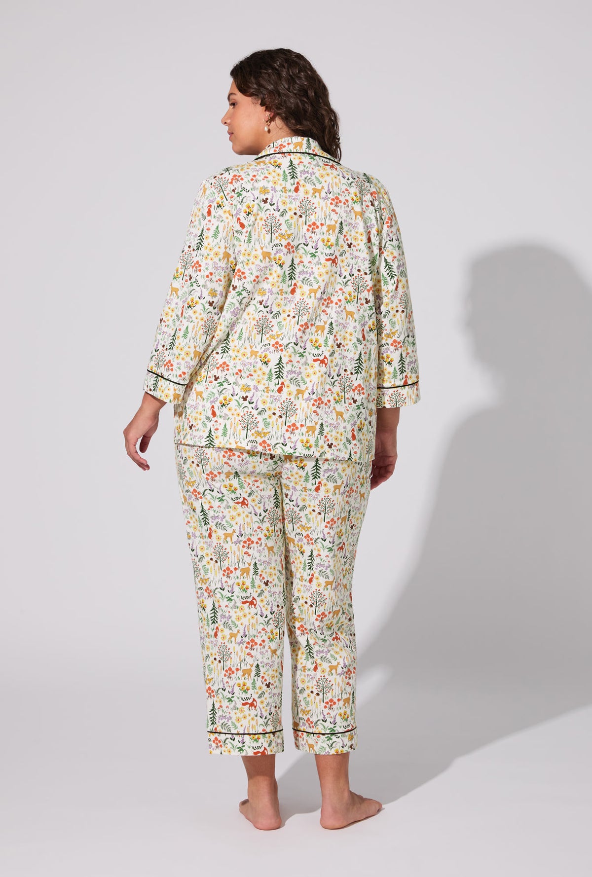 A lady wearing Forest Trails 3/4 Sleeve Classic Stretch Jersey Cropped PJ Set