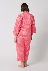A lady wearing plus size Jane Gingham 3/4 Sleeve Classic Woven Portuguese Flannel Cropped Pj Set back view