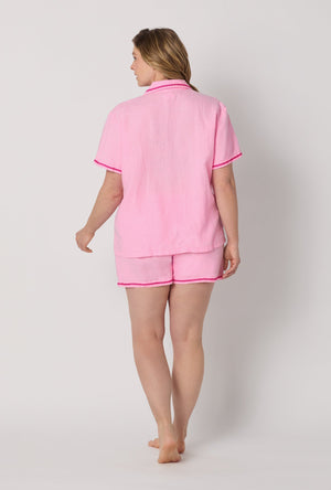 A lady wearing plus size Pink Short Sleeve Classic Shorty Woven Linen Pj Set back view