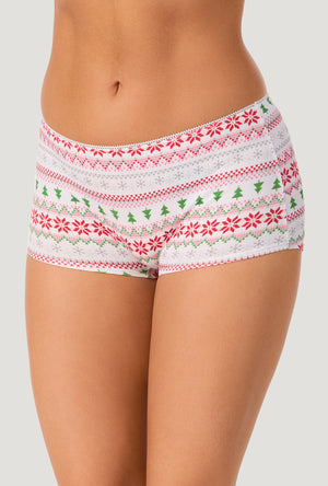 A lady wearing Winter Fairisle Stretch Jersey Boyshort Underwear
