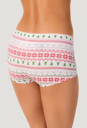 A lady wearing Winter Fairisle Stretch Jersey Boyshort Underwear back view