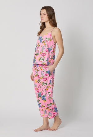 A lady wearing Pink Cami Woven Cotton Poplin Cropped Pj Set side view
