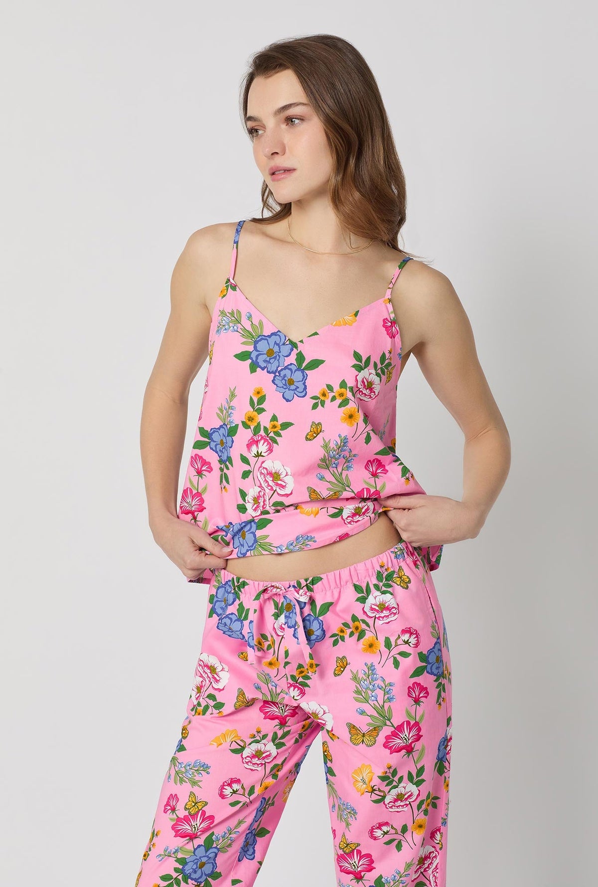 A closeup of A lady wearing Pink Cami Woven Cotton Poplin Cropped Pj Set