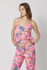 A closeup of A lady wearing Pink Cami Woven Cotton Poplin Cropped Pj Set