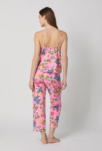 A lady wearing Pink Cami Woven Cotton Poplin Cropped Pj Set back view