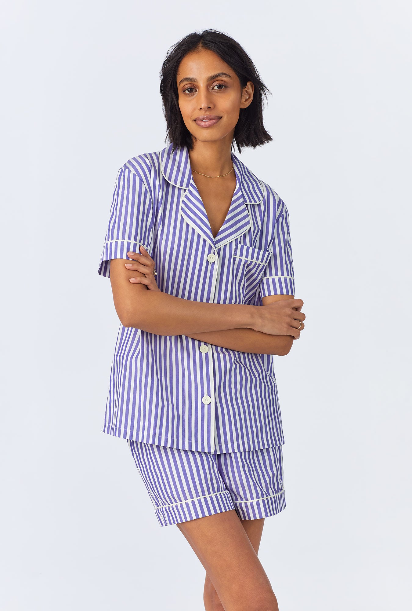 A lady wearing Navy 3D Stripe Short Sleeve Classic Woven Cotton Sateen Shorty PJ Set
