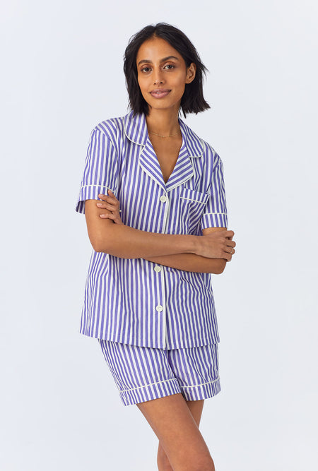 A lady wearing Navy 3D Stripe Short Sleeve Classic Woven Cotton Sateen Shorty PJ Set